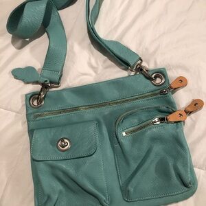 Roots Turquoise Leather Crossbody Bag with Front Pockets
